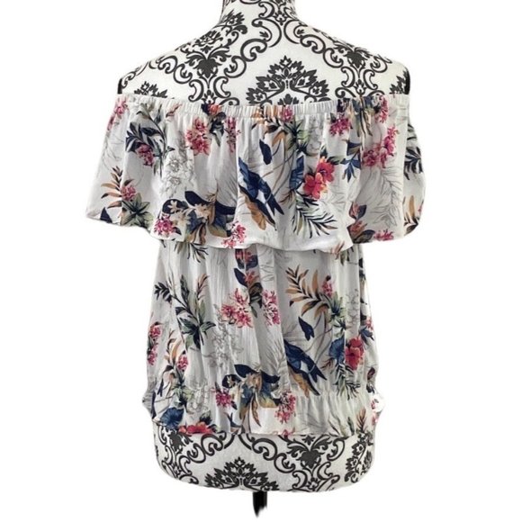 AMERICAN EAGLE OUTFITTERS RUFFLED BARDOT NECKLINE FLORAL SHORT SLEEVE WOMENS MED - Picture 5 of 8